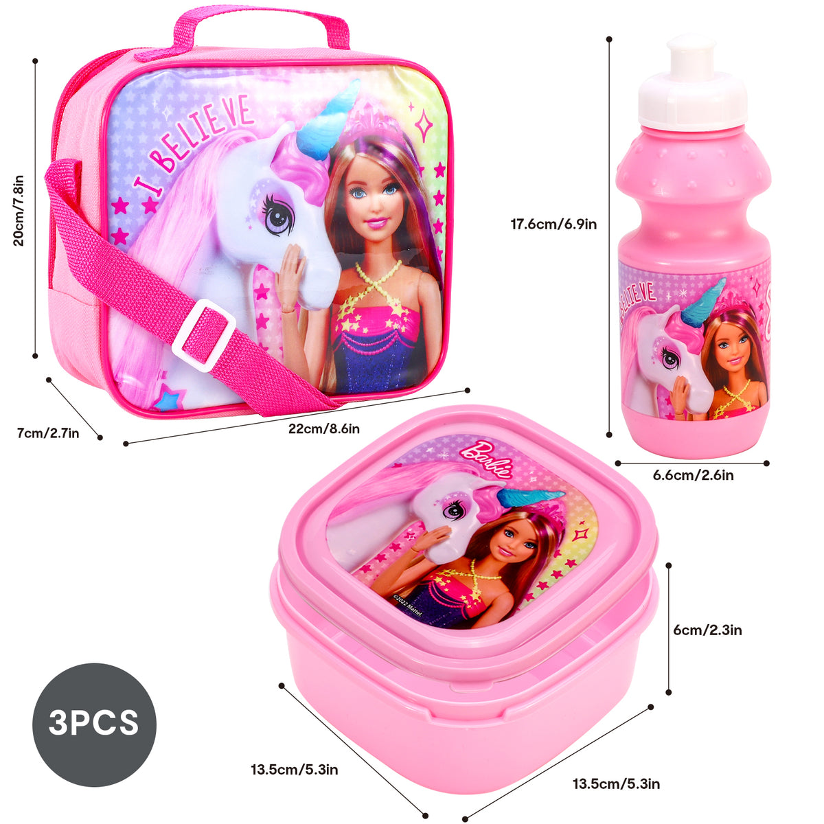 Barbie Unicorn 3 Piece Insulated Lunch Bag Set