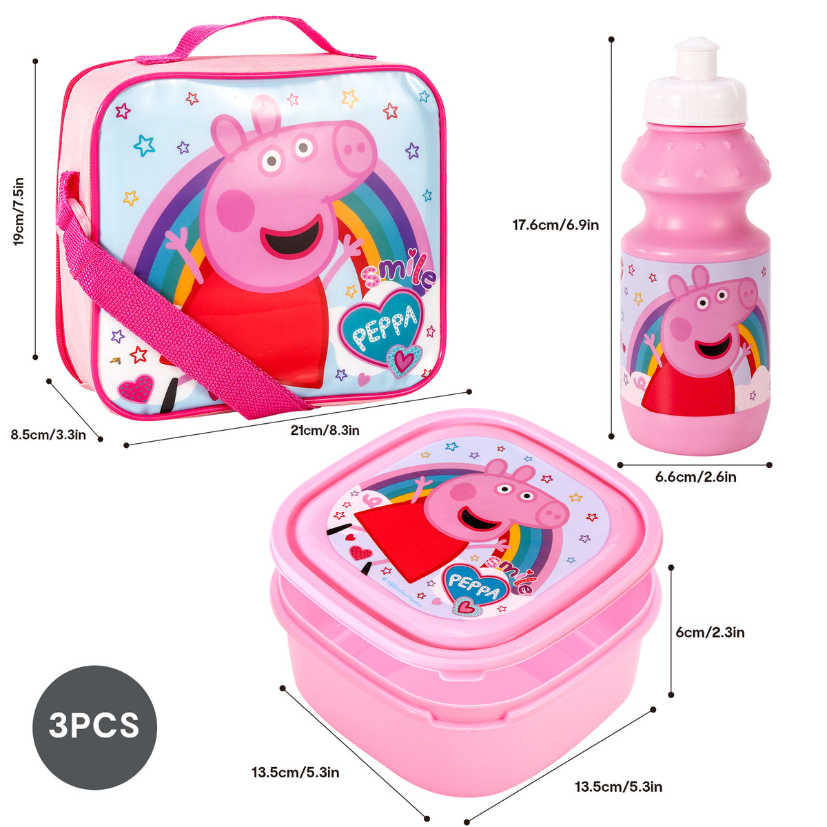 Peppa Pig Rainbow 3 Piece Insulated Lunch Bag Set