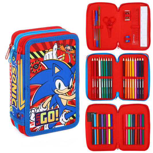 Sonic The Hedgehog 3 Tier Filled Zipped Pencil Case