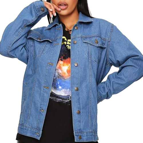 Mid-Wash Blue Oversized Womens Boyfriend Denim Jacket